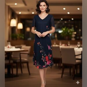 Donna Ricco New York Black Floral  Chiffon Dress V Neck short Sleeves Si…